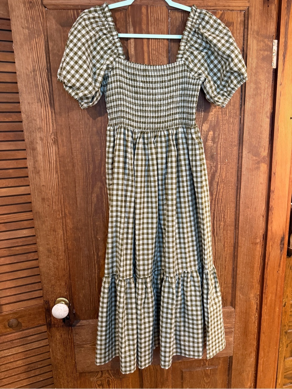 Gingham Puff Sleeve Maxi Dress - Olive & White